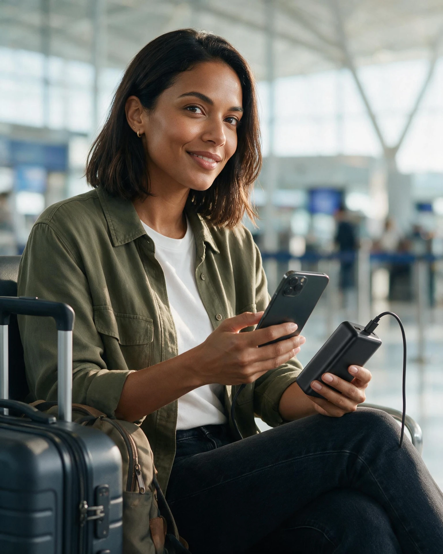 Traveler charging her phone with a Voltix 20,000mAh power bank at the airport
